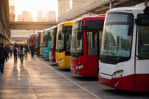 Fleet of Buses on Urban Street-1